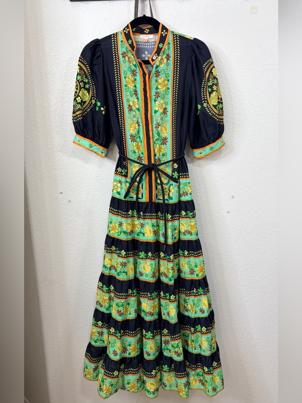 Luxxel Black and Green Tiered MIDI 1/2 Long Sleeve Dress Print Italian Medium